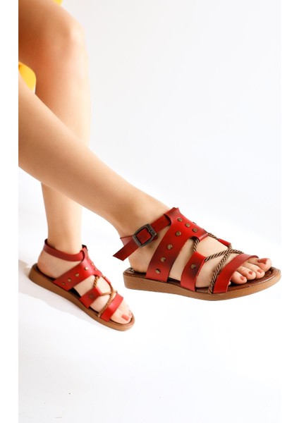 Hakiki Deri Kien Kırmızı Sandalet