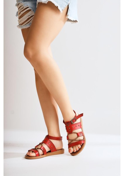 Hakiki Deri Kien Kırmızı Sandalet fırsatları