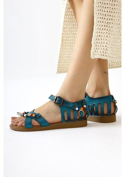 Hakiki Deri Alize Turkuaz Boncuk ve Yaprak Detaylı Sandalet indirimleri