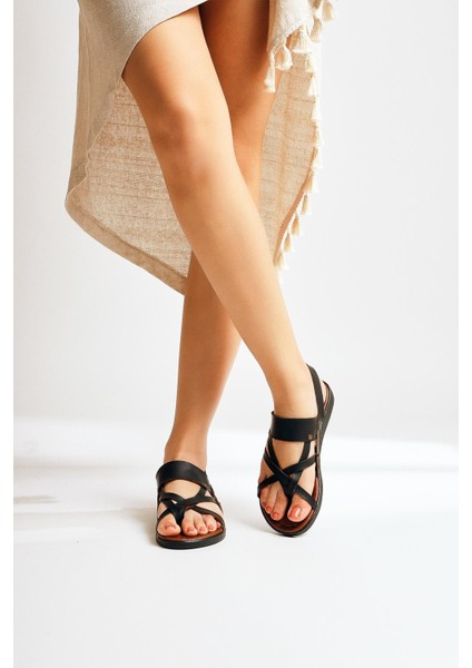 Hakiki Deri Faika Siyah Parmak Arası Sandalet