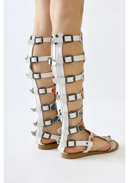 Hakiki Deri Lilith Beyaz-Renkli Yılan Derisi Desenli Diz Altı Gladyatör Sandalet fiyatları