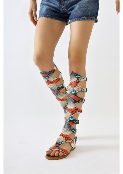 Hakiki Deri Lilith Beyaz-Renkli Yılan Derisi Desenli Diz Altı Gladyatör Sandalet fırsatları