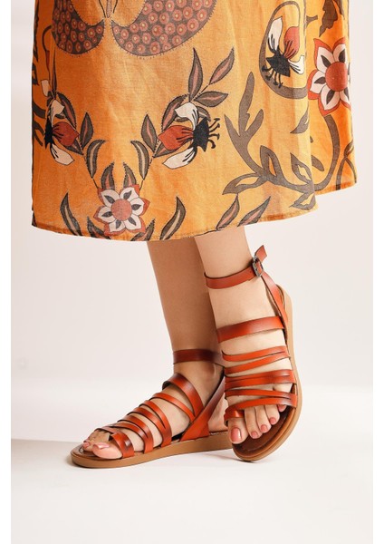 Hakiki Deri Theodora Bantlı Turuncu Sandalet