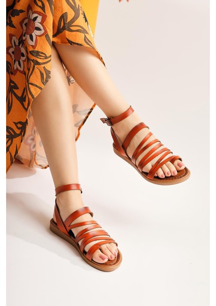 Hakiki Deri Theodora Bantlı Turuncu Sandalet fiyatları