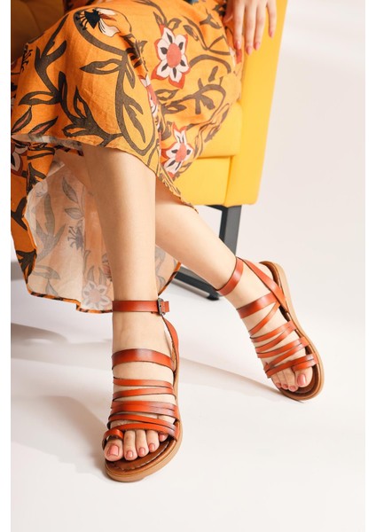 Hakiki Deri Theodora Bantlı Turuncu Sandalet modelleri