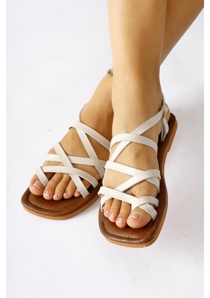 Hakiki Deri Lucile Krem Çapraz Ince Bantlı Sandalet fiyatları