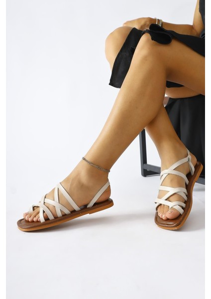 Hakiki Deri Lucile Krem Çapraz Ince Bantlı Sandalet modelleri
