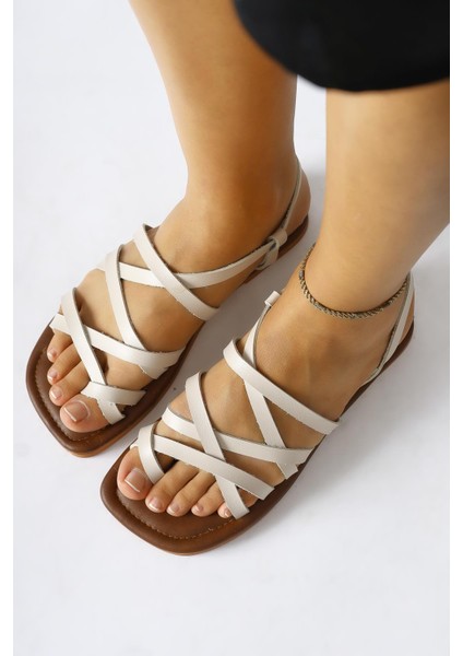 Hakiki Deri Lucile Krem Çapraz Ince Bantlı Sandalet indirimleri
