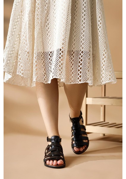 Hakiki Deri Messalina Siyah Gladyatör Sandalet