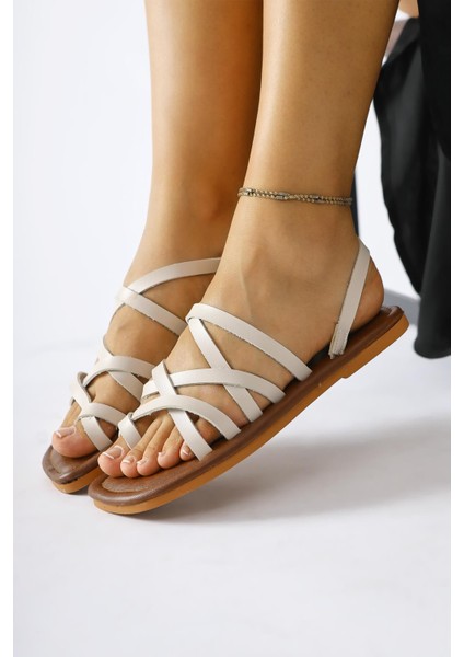 Hakiki Deri Lucile Krem Çapraz Ince Bantlı Sandalet