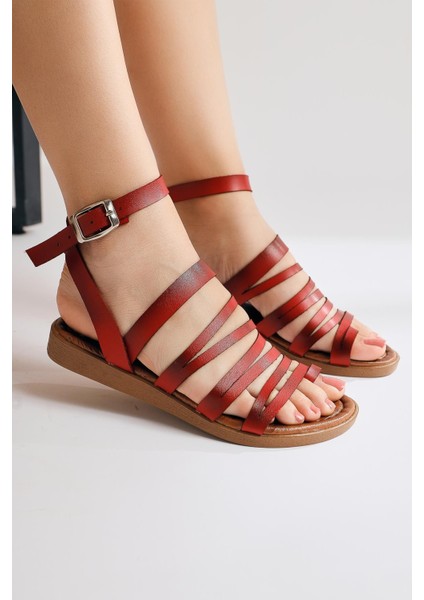 Hakiki Deri Theodora Bantlı Kırmızı Sandalet