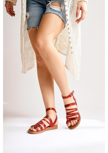 Hakiki Deri Theodora Bantlı Kırmızı Sandalet fiyatları