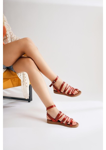 Hakiki Deri Theodora Bantlı Kırmızı Sandalet modelleri