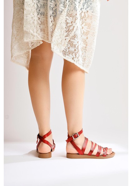 Hakiki Deri Theodora Bantlı Kırmızı Sandalet fırsatları