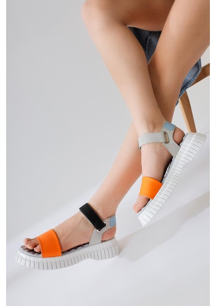 Jeny Turuncu Kalın Bantlı Cırtcırtlı Rahat Tabanlı Sandalet fiyatları