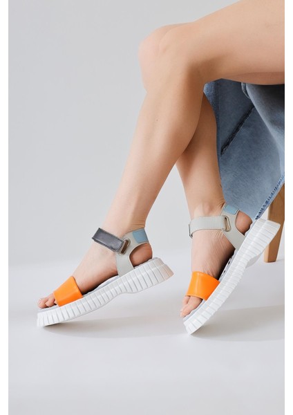 Jeny Turuncu Kalın Bantlı Cırtcırtlı Rahat Tabanlı Sandalet modelleri