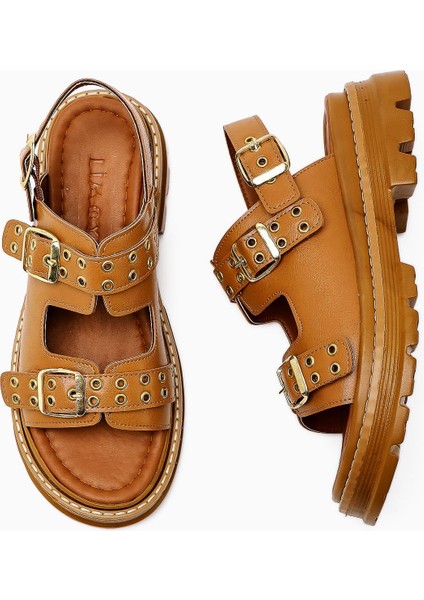 Julija Taba Çift Bantlı Zımba Detaylı Kalın Tabanlı Kadın Sandalet fiyatları