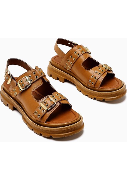 Julija Taba Çift Bantlı Zımba Detaylı Kalın Tabanlı Kadın Sandalet modelleri