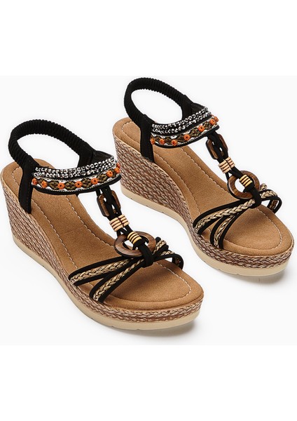 Jona Siyah Tokalı Arkası Lastikli Dolgu Topuklu Kadın Sandalet