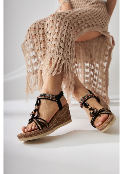 Jona Siyah Tokalı Arkası Lastikli Dolgu Topuklu Kadın Sandalet fiyatları