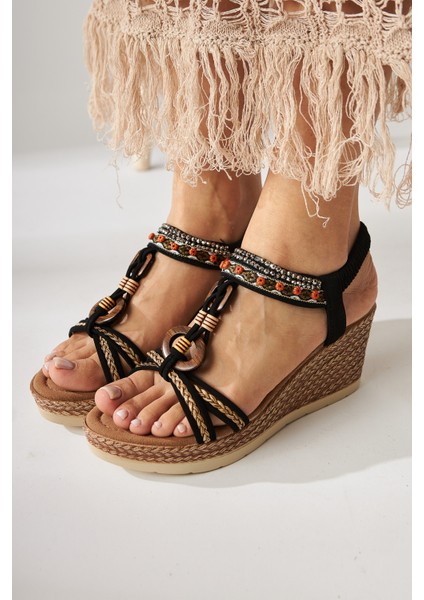 Jona Siyah Tokalı Arkası Lastikli Dolgu Topuklu Kadın Sandalet modelleri