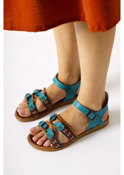 Hakiki Deri Sohna Turkuaz Otantik Işleme Detaylı Sandalet