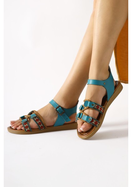 Hakiki Deri Sohna Turkuaz Otantik Işleme Detaylı Sandalet fiyatları