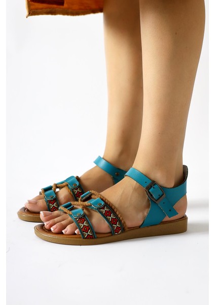 Hakiki Deri Sohna Turkuaz Otantik Işleme Detaylı Sandalet fırsatları