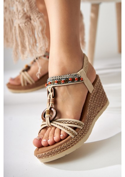 Jona Bej Tokalı Arkası Lastikli Dolgu Topuklu Kadın Sandalet fiyatları