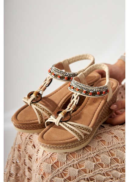 Jona Bej Tokalı Arkası Lastikli Dolgu Topuklu Kadın Sandalet modelleri