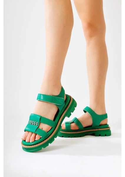 Misra Yeşil Yıldız Detaylı Cırt Cırtlı Yüksek Taban Sandalet fırsatları