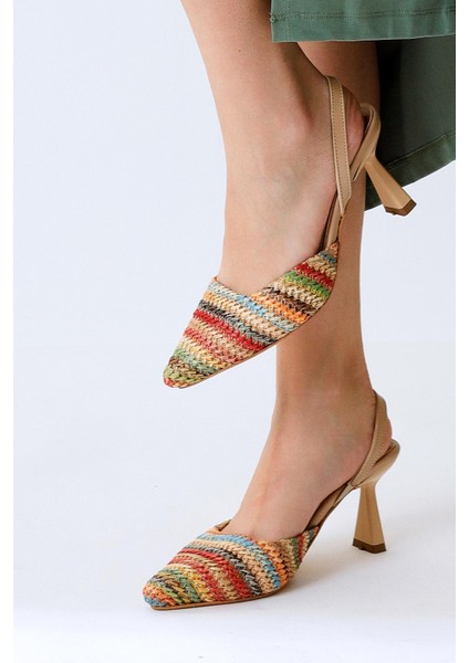 Maddy Çok Renkli Örgü Detaylı Sivri Burunlu Topuklu Sandalet