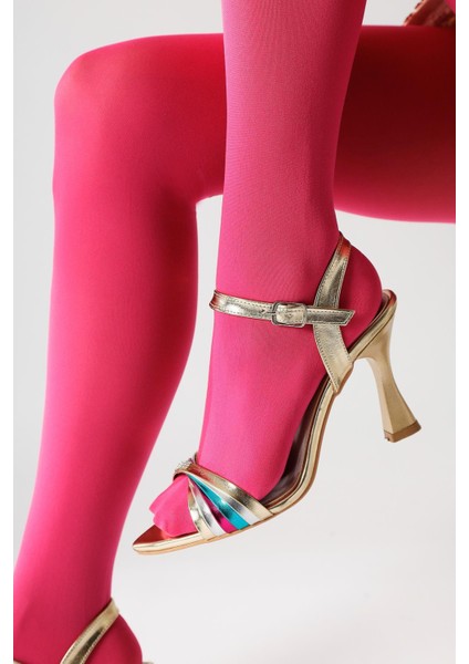 Manya Altın Çapraz Bantlı Topuklu Sandalet