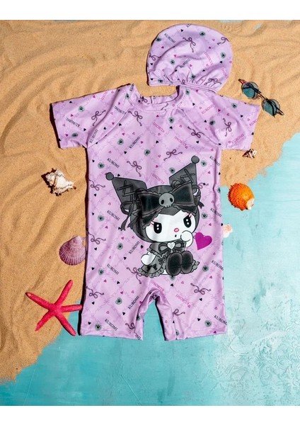 Kuromi Baskılı Kız Çocuk Fermuarlı Boneli Tulum Mayo