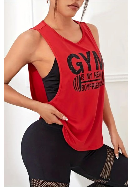 Kadın Gym Baskılı Nefes Alabilen Fitness Yoga Koşu Kolsuz Spor Atlet