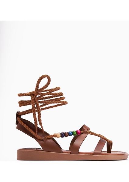 Nina Taba Boncuk Detaylı Bilekten Bağlamalı Parmak Arası Kadın Sandalet