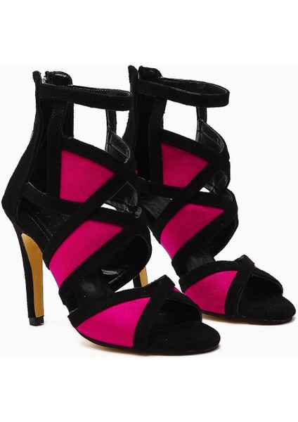 Nicol Siyah Süet Asimetrik Kesim Fuşya Detalı Topuklu Kadın Sandalet fiyatları