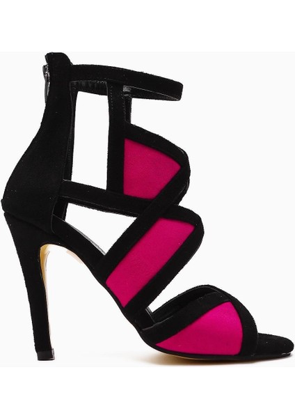 Nicol Siyah Süet Asimetrik Kesim Fuşya Detalı Topuklu Kadın Sandalet modelleri