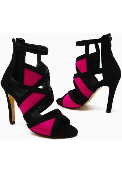 Nicol Siyah Süet Asimetrik Kesim Fuşya Detalı Topuklu Kadın Sandalet indirimleri