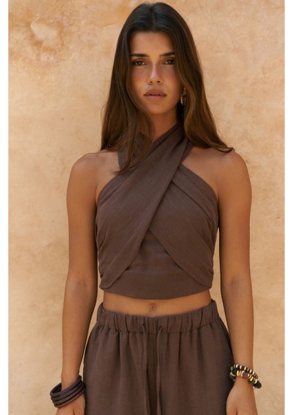 Moira Kahve Keten Crop Pantolon Takım indirimleri