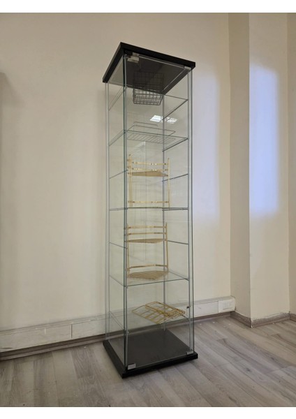 Cam Vitrin Gümüşlük Büfe Kitaplık Camlı Koleksiyon Vitrini Detolf Cam Vitrin Teşhirvitrin 3+4 Raflı