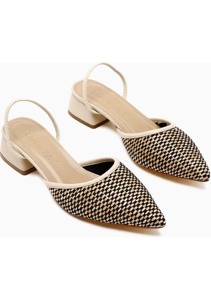 Rosa Bej Sivri Burunlu Hasır Kısa Topuklu Kadın Sandalet