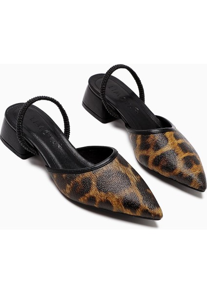 Rosa Leopar Sivri Burunlu Kısa Topuklu Kadın Sandalet
