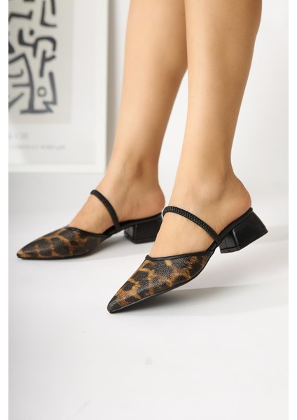 Rosa Leopar Sivri Burunlu Kısa Topuklu Kadın Sandalet fiyatları