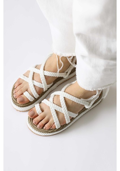 Spresa Beyaz Kalın Tabanlı Halat Sandalet modelleri