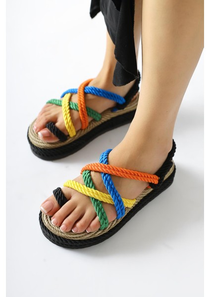 Spresa Siyah-Çok Renkli Kalın Tabanlı Halat Sandalet