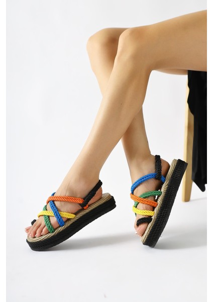 Spresa Siyah-Çok Renkli Kalın Tabanlı Halat Sandalet fiyatları