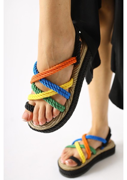 Spresa Siyah-Çok Renkli Kalın Tabanlı Halat Sandalet modelleri