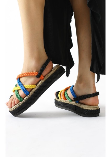 Spresa Siyah-Çok Renkli Kalın Tabanlı Halat Sandalet fırsatları