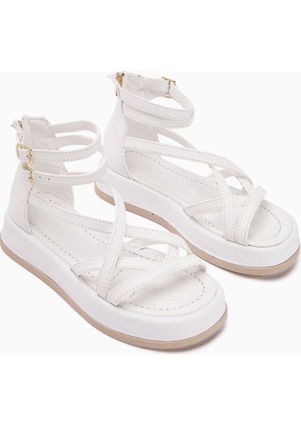 Sara Çapraz Bantlı Beyaz Kadın Sandalet Kalın Tabanlı Bilekten Tokalı